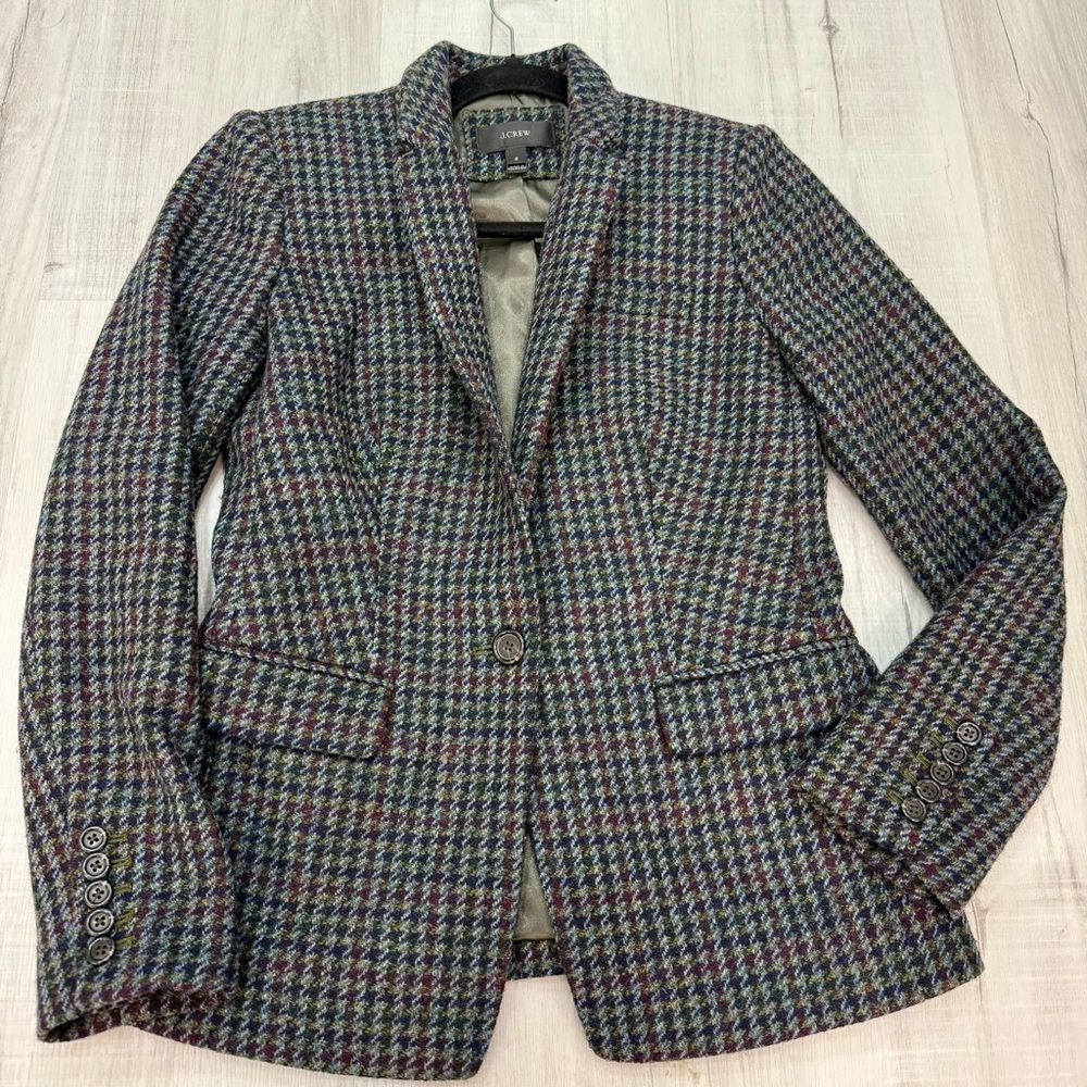 J. Crew Multicolor Houndstooth Tweed Heritage Wool Blazer sz 2